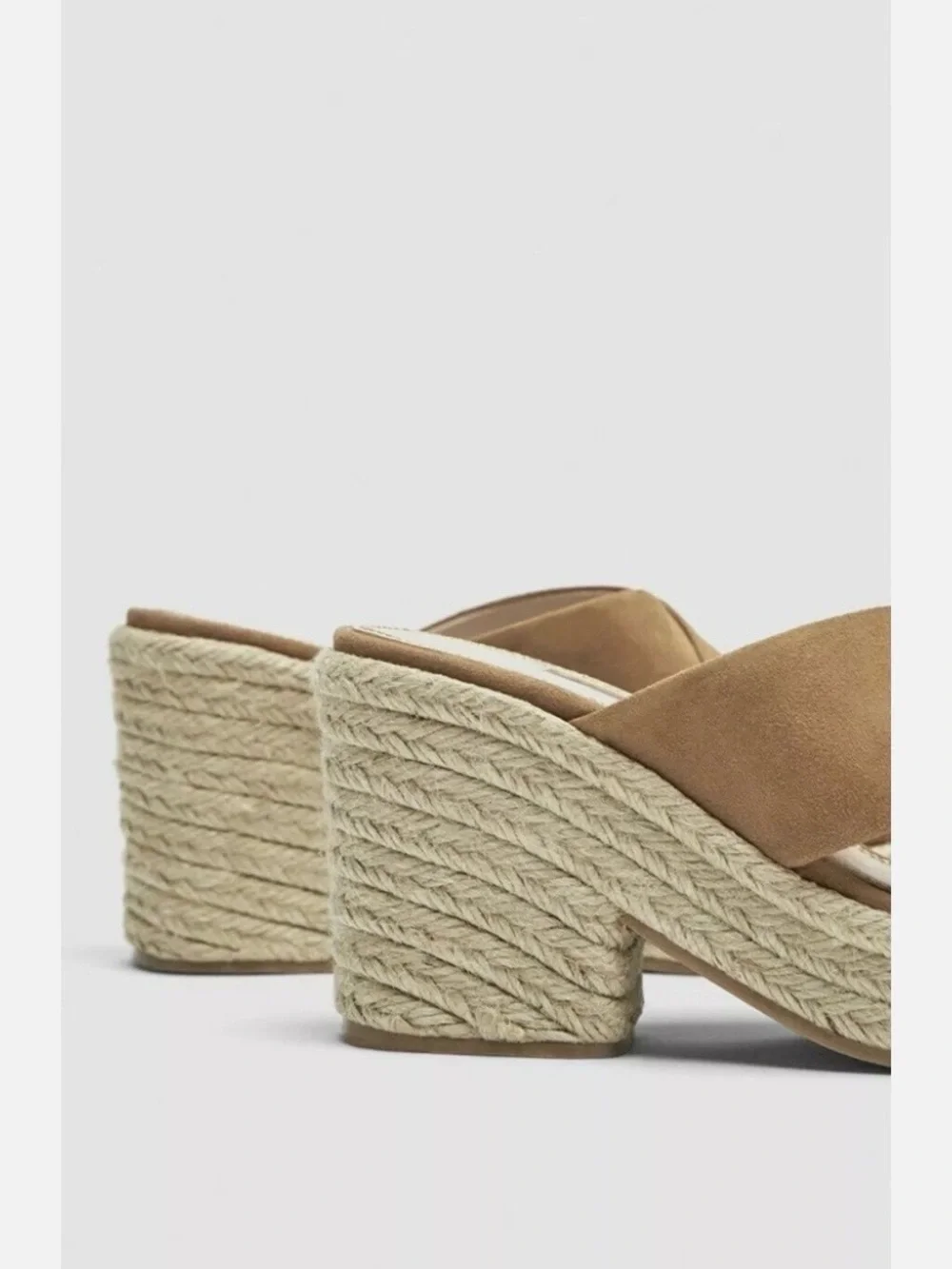 Zara Camel Suede Crossband Espadrille Wedge Slides